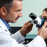 ** A person getting a comprehensive eye exam at an ophthalmologist's office. Focus on modern equipment and a caring doctor.

**