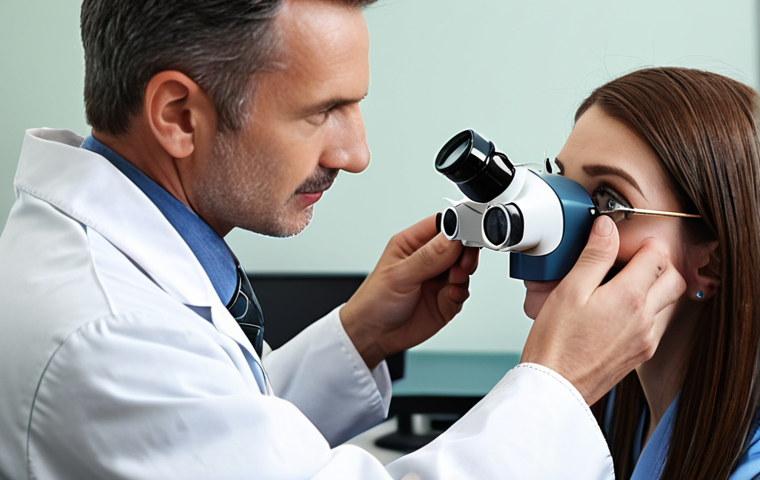 ** A person getting a comprehensive eye exam at an ophthalmologist's office. Focus on modern equipment and a caring doctor.
**