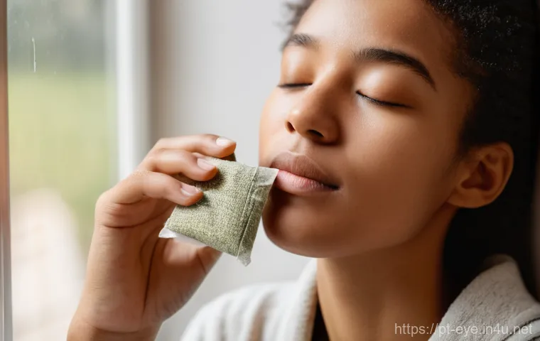 눈 충혈 자연 완화법 - Image Prompt 1: Natural Eye Compress Relaxation**