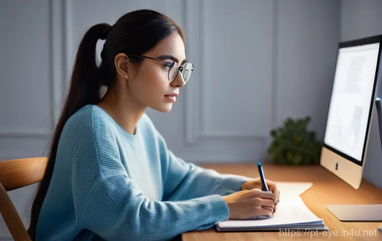 눈 보호 장비 추천 - **Blue Light Protection for Digital Work:**
A young adult woman, in her late 20s, with a warm an...