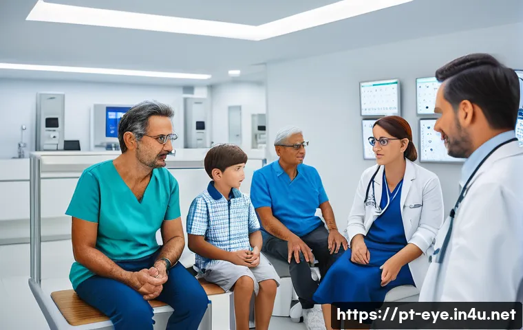 안과 진료비 비교 - A modern ophthalmology clinic interior in São Paulo, Brazil, showing a diverse group of patients inc...