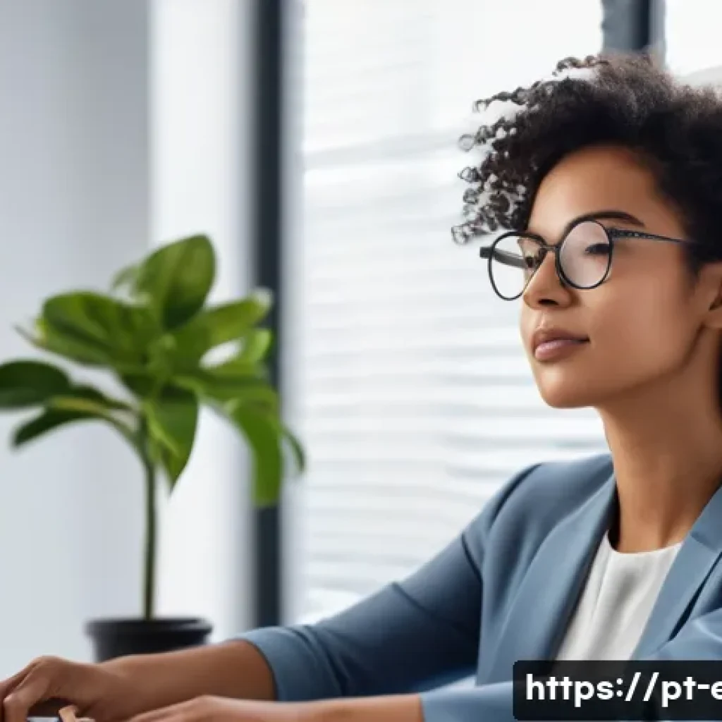 눈 건강을 위한 운동 - A detailed illustration of a young adult woman sitting at a modern office desk in São Paulo, Brazil,...