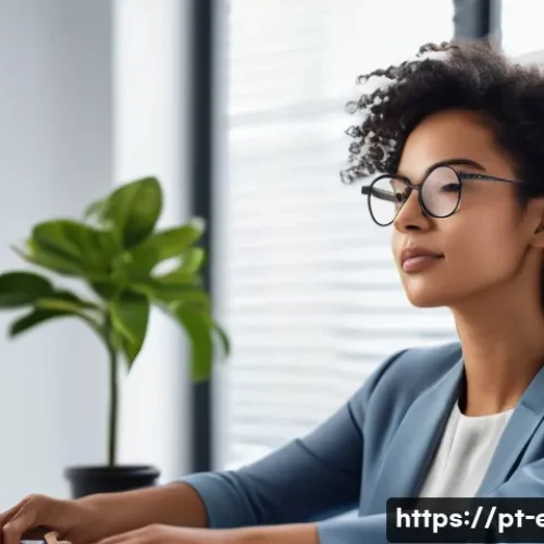 눈 건강을 위한 운동 - A detailed illustration of a young adult woman sitting at a modern office desk in São Paulo, Brazil,...