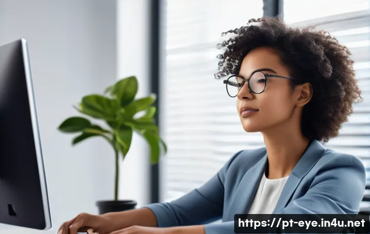 눈 건강을 위한 운동 - A detailed illustration of a young adult woman sitting at a modern office desk in São Paulo, Brazil,...
