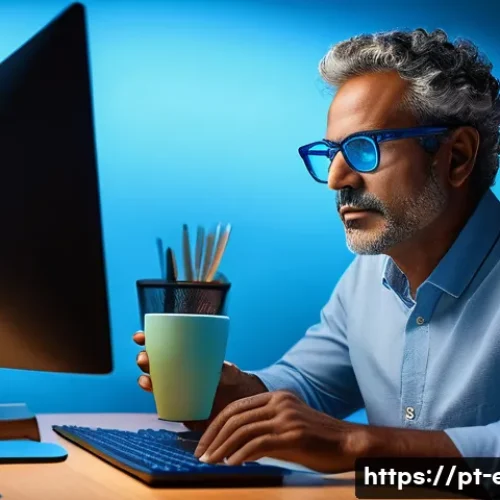 시력 저하 원인 분석 - A middle-aged Brazilian man working at a modern office desk, wearing blue light blocking glasses, fo...