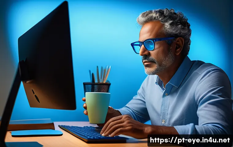 시력 저하 원인 분석 - A middle-aged Brazilian man working at a modern office desk, wearing blue light blocking glasses, fo...
