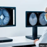 망막 검사 중요성 - A modern ophthalmology clinic setting showing a middle-aged Brazilian patient undergoing a digital r...