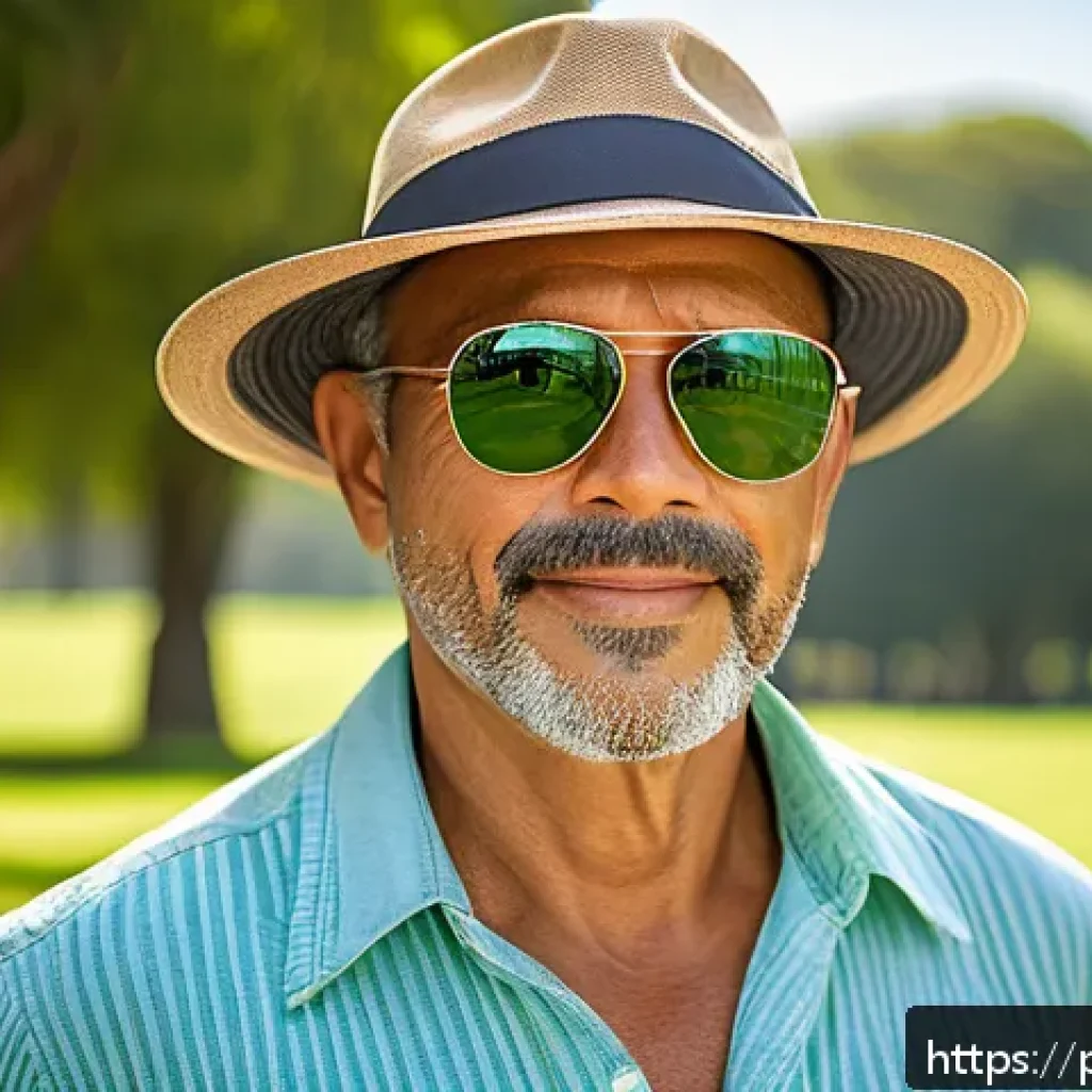 백내장 증상과 예방법 - A detailed close-up portrait of a middle-aged Brazilian man wearing stylish UV-protection sunglasses...