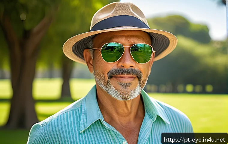 백내장 증상과 예방법 - A detailed close-up portrait of a middle-aged Brazilian man wearing stylish UV-protection sunglasses...