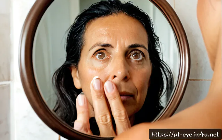 눈물샘 막힘 자가 진단 - Photorealistic close-up of a middle-aged Portuguese woman in a bright Lisbon home bathroom, gently c...