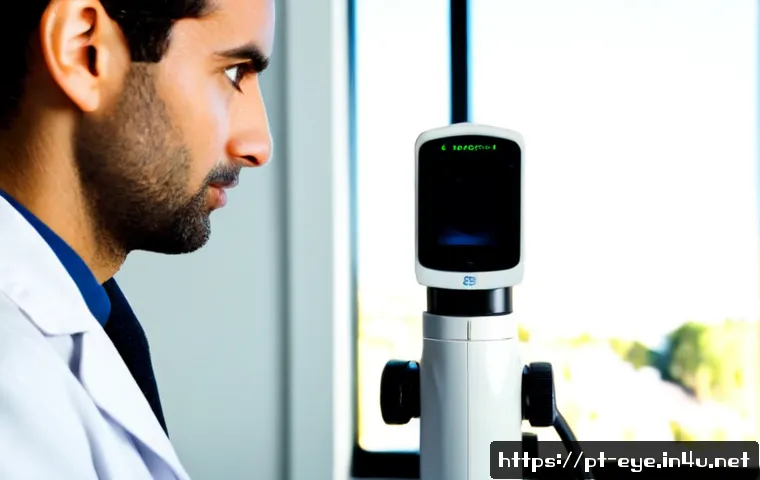 Home 17 안과 진단 장비 리뷰 - Photorealistic ophthalmology diagnostic equipment review scene in a modern Portuguese eye clinic, an...